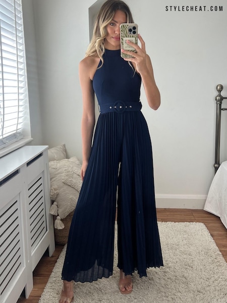 Синий - Style Cheat Edie Belted Pleated Jumpsuit (N58346) | €23