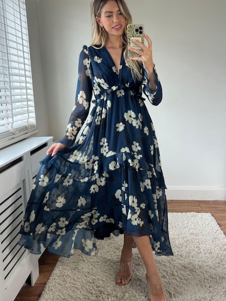 Style Cheat Blue Cream Floral Birdie Frill Tie Back Dress (N58350) | €51