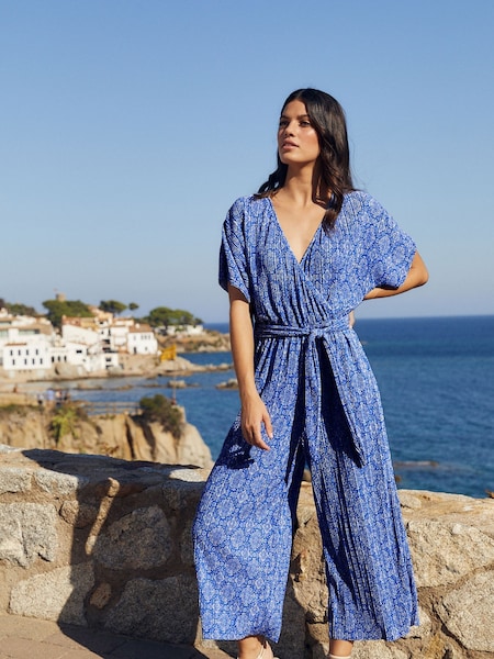 Blue/White Plisse Pattern Short Sleeve V-Neck Belted Jumpsuit (N58640) | €23