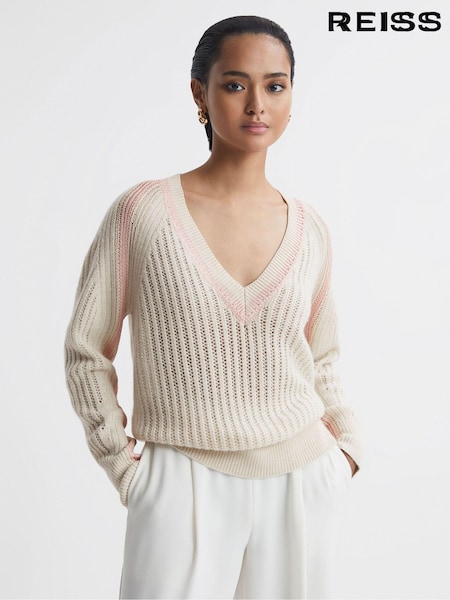 Reiss Cream/Nude Vale Wool Blend Knitted V-Neck Jumper (N58713) | €72