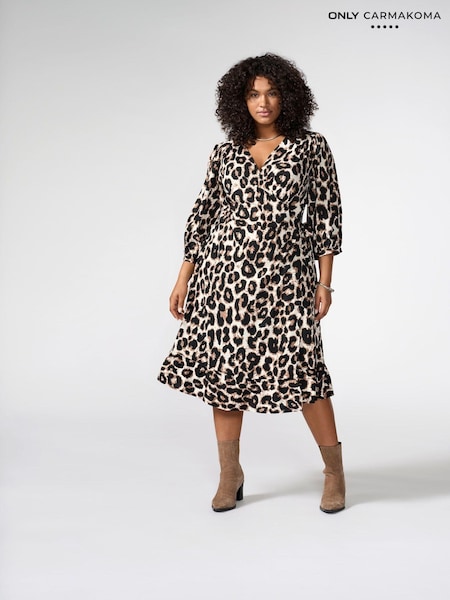 ONLY Curve Brown 3/4 Sleeve Wrap Midi Dress (N58814) | €16
