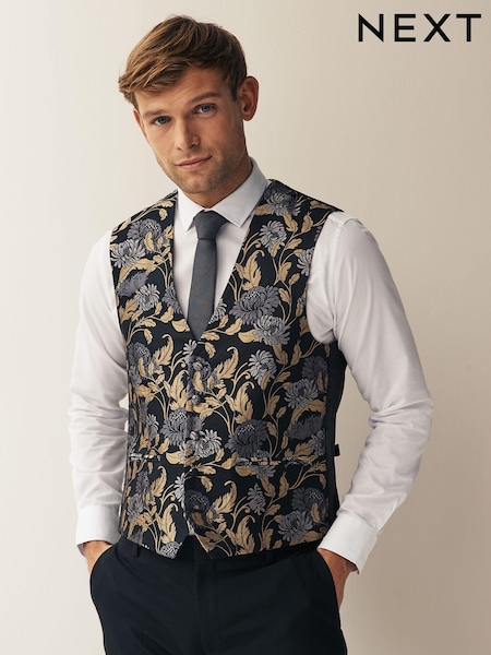 Black/Yellow Gold Floral Regular Fit Occasion Waistcoat (N58908) | 272 QAR