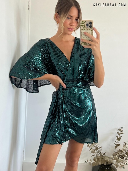 Style Cheat Green Mistee Sequin Tie Front Mini Dress (N59000) | €17.50