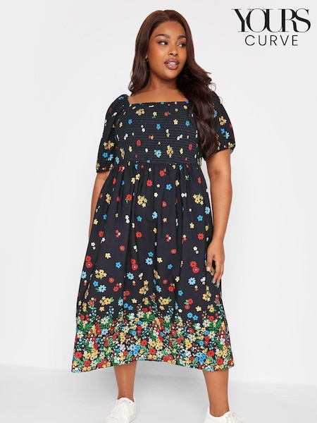 Yours Curve Limited Shirred Square Neck Border Dress (N59028) | €58