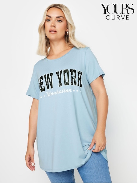 Yours Curve Blue 'New York' Slogan T-Shirt (N59297) | €31
