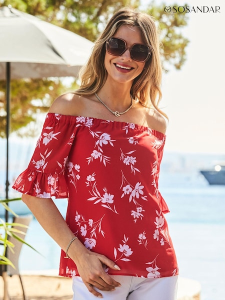 Sosandar Red Printed Bardot Blouse (N59523) | €30