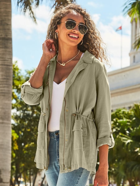 Sosandar Green 100% Cotton Drawstring Waist Cargo Jacket (N59547) | €105