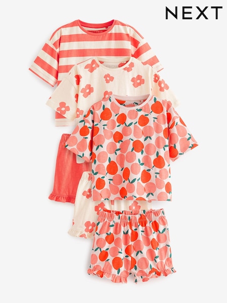 Red/Cream Floral/ Stripe Ruffle Short Sleeve Pyjamas 3 Pack (9mths-16yrs) (N59620) | €15 - €23