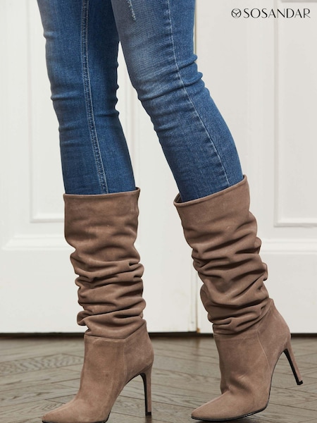 Sosandar Brown Suede Heeled Slouch High Leg Boots (N59681) | AED448