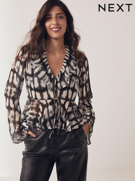 Monochrome Tie Ruffle Long Sleeve Blouse (N59780) | €6
