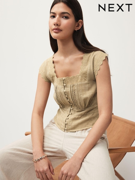 Khaki Green Short Sleeve Broderie Square Neck Blouse (N59785) | €8