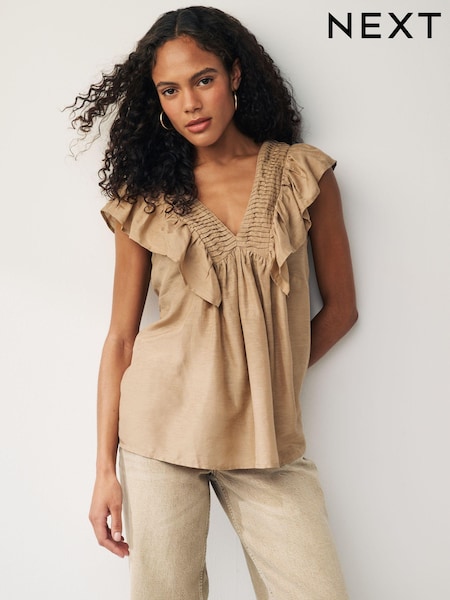 Neutral Sleeveless Ruffle V-Neck Top (N59786) | €13