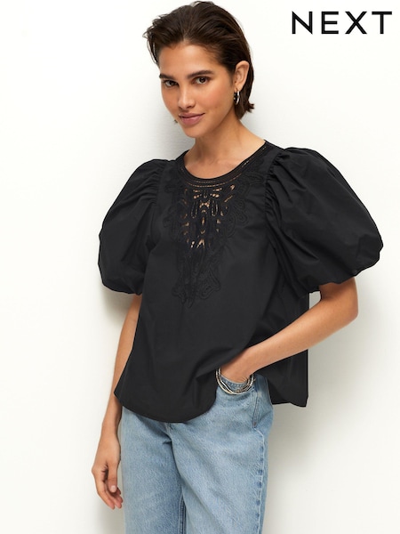 Black Cotton Poplin Puff Sleeve Crochet Insert Blouse (N59788) | €8.50