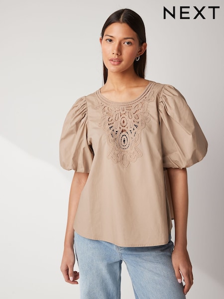 Beige Cotton Poplin Puff Sleeve Crochet Insert Blouse (N59789) | €6