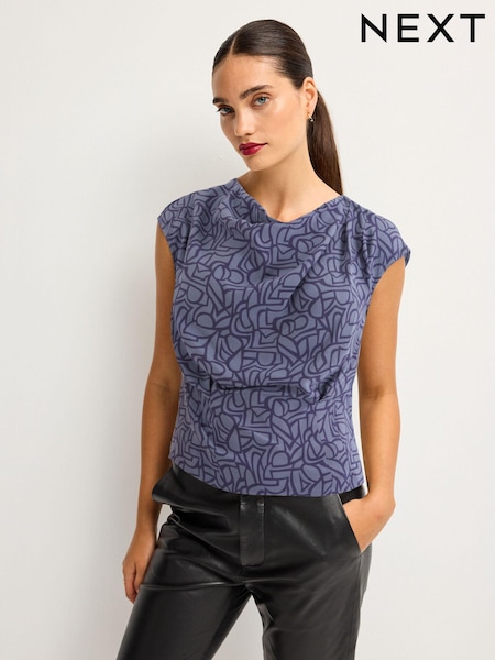 Темно-синий с геометрическим принтом - Cowl Neck Cap Sleeve Top (N59791) | €6