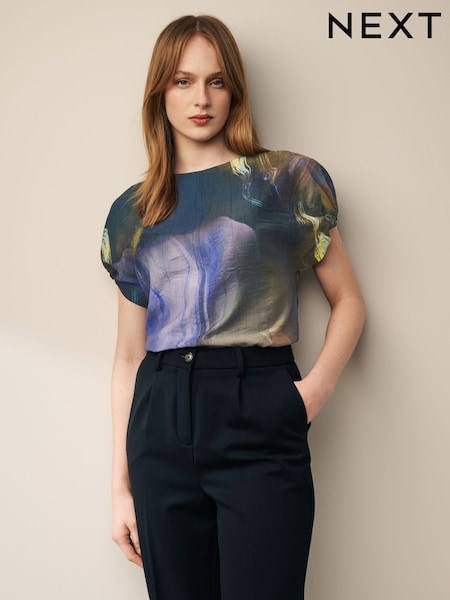 Blue Blur Smudge Print Gathered Short Sleeve Textured Boxy T-Shirt (N59792) | OMR6