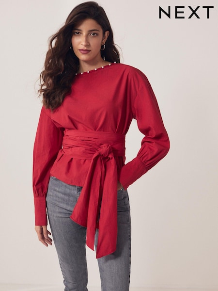 Красный - Long Sleeve Wrap Pearl Detail Shirt (N59841) | €11