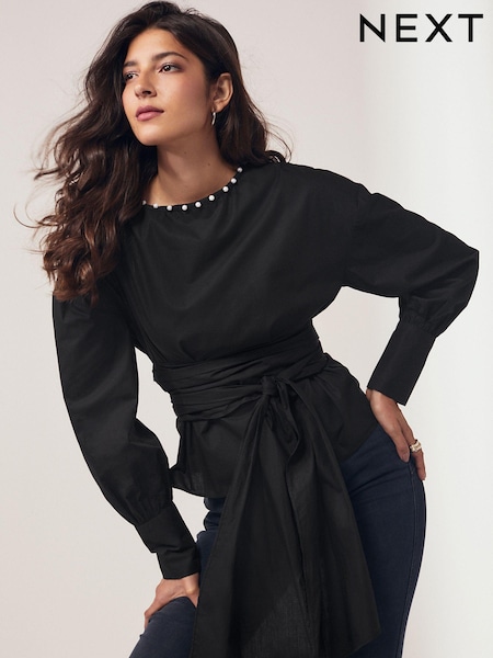 Black Long Sleeve Wrap Pearl Detail Shirt (N59842) | € 30