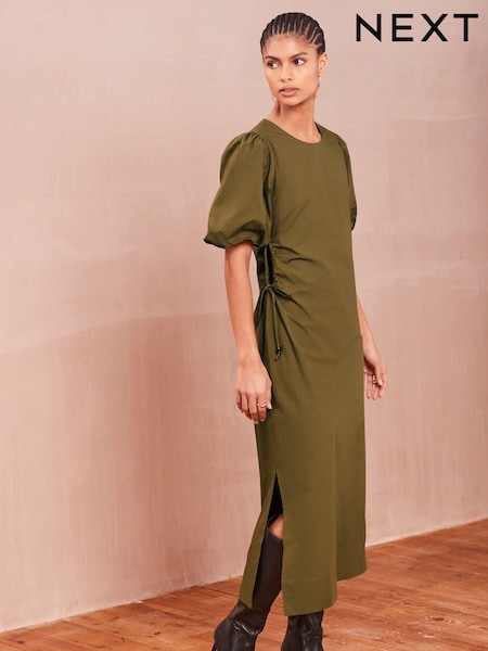 Зеленый хаки - Ruched Side Puff Sleeve Midi Dress (N59873) | €10