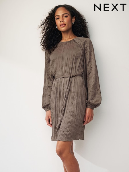 Коричневый - Long Sleeve Crinkle Satin Mini Dress (N59875) | €13