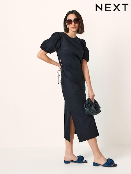 Черный - Ruched Side Puff Sleeve Midi Dress (N59879) | €18