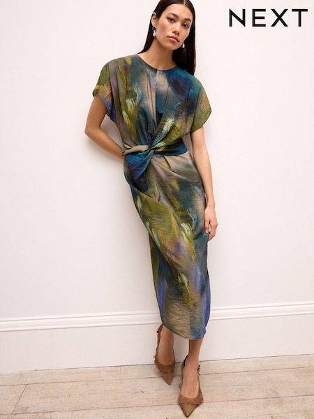 Blue Blur Print Twist Waist Short Sleeve Midi Dress (N59883) | €24