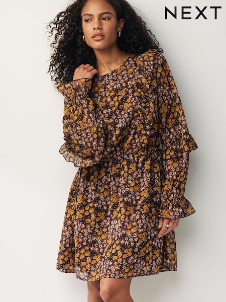 Сиреневые с цветочным узором - Ruffle Long Sleeve Mini Dress (N59892) | €7