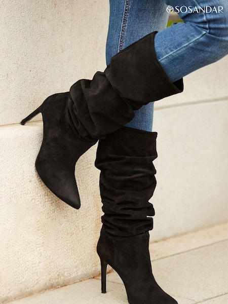 Sosandar Black Suede Heeled Slouch High Leg Boots (N59995) | 383 QAR