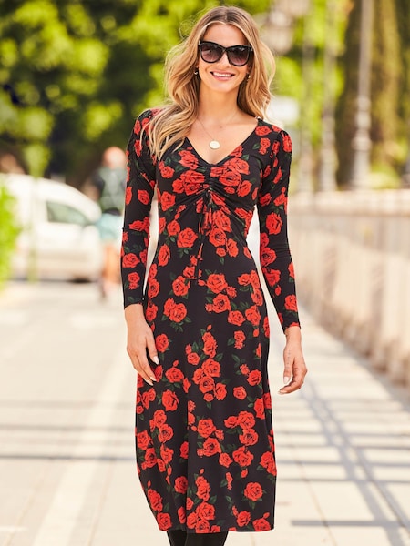 Sosandar Black Ruched Front V-Neck Floral Midi Dress (N60112) | €55