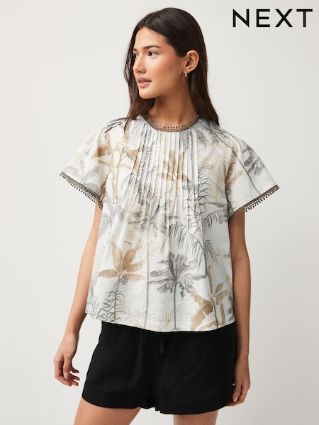 Bež s palmovim potiskom - Short Sleeve Pleat Front Blouse (N60275) | € 13