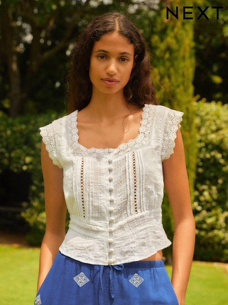 White Short Sleeve Broderie Square Neck Blouse (N60276) | €12