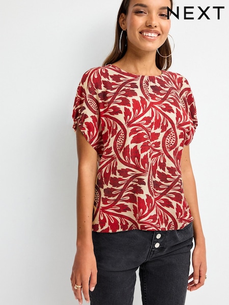 Rdeča/bež s potiskom listov - Gathered Short Sleeve Textured Boxy T-Shirt (N60283) | € 12