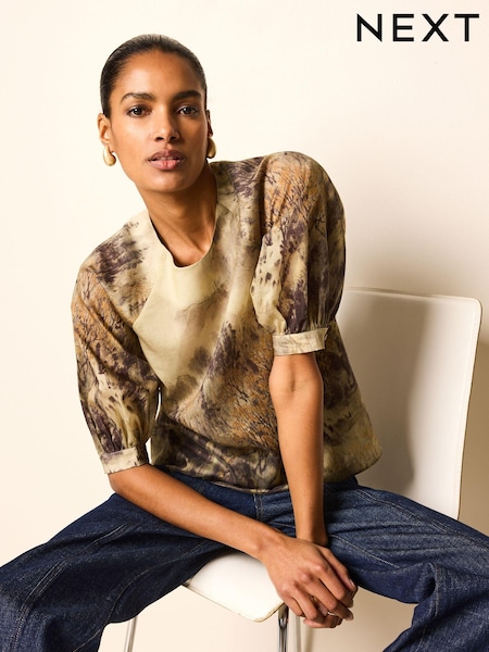 Khaki/ Brown Scenic Print Sheer Puff Sleeve Blouse (N60289) | €11