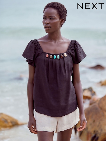 črna - Linen Beaded Flutter Sleeve Top (N60290) | € 20