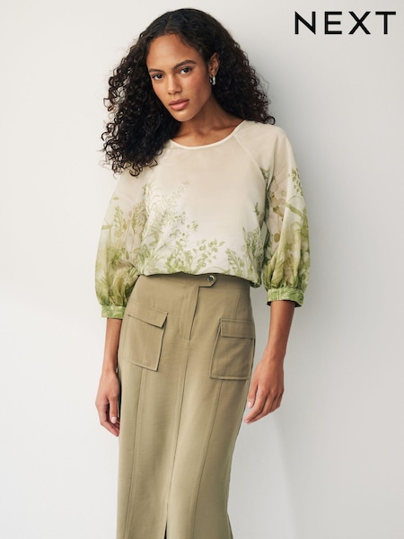 Ecru/ Green Floral Print Sheer Puff Sleeve Blouse (N60292) | €11