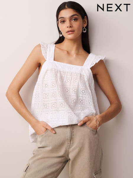 White Broderie Frill Sleeve Embroidered Cami Top (N60297) | €12