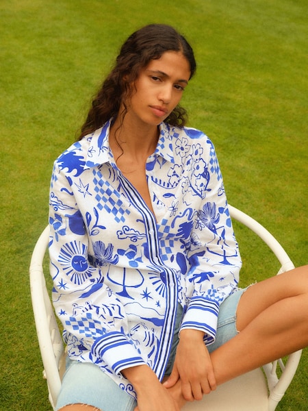 Blue and White Abstract Print 100% Linen Long Sleeve Shirt (N60327) | €23