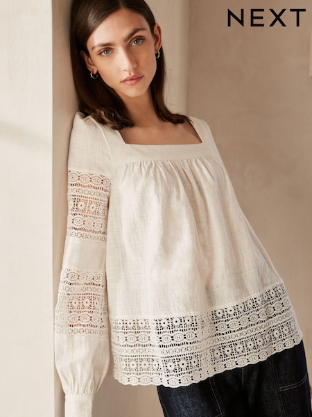 Ecru Premium Long Sleeve Embroidered Lace Square Neck Blouse (N60341) | €15
