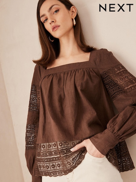 Chocolate Brown Premium Long Sleeve Embroidered Lace Square Neck Blouse (N60342) | €12