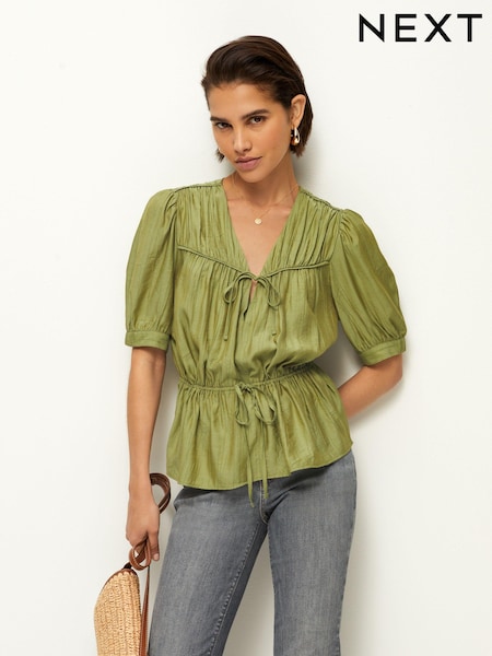 Зеленый - Tie Front Tiered Textured Short Sleeve Blouse (N60346) | €12