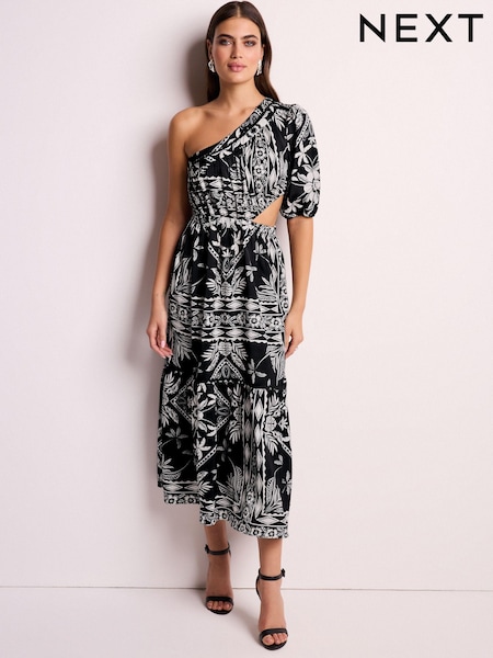 Black/White One Shoulder Cut Out Midi Dress (N60353) | 58 QAR