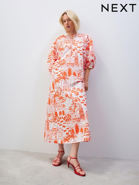Red/White Scenic Print Cotton Poplin Notchneck Puff Sleeve Maxi Dress (N60359) | €14