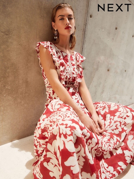 Red/White Sleeveless Ruffle Lace Insert Maxi Dress (N60366) | €33
