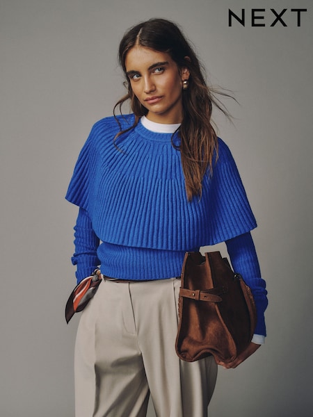 Cobalt Blue - Knitted Ribbed Long Sleeve Cape Layer Jumper