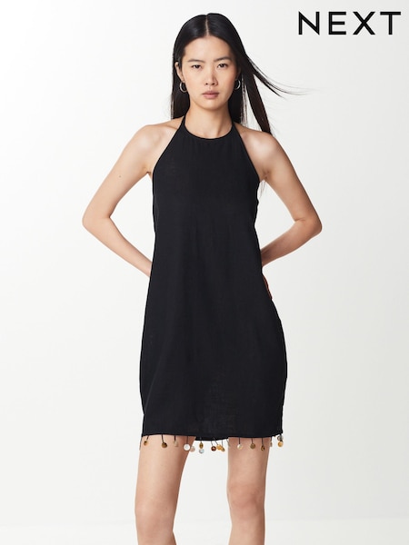 Black Shell Hem Halter Neck Mini Dress (N60374) | €10