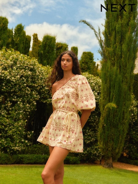 Neutral and Red One Shoulder Embroidered Rope Belted Mini Dress (N60385) | €7