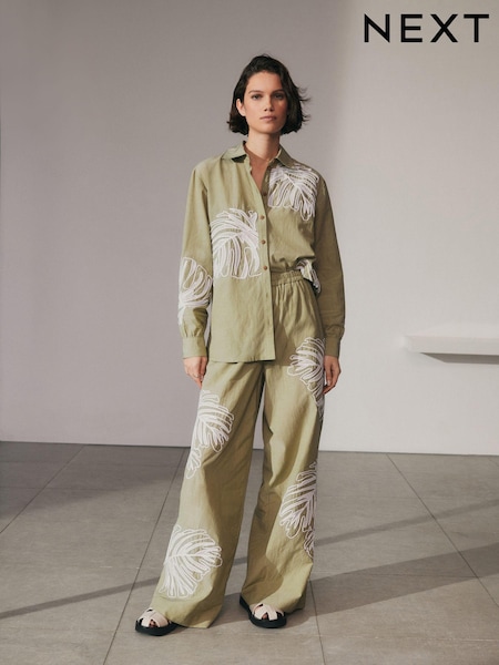Khaki Green Embroidered Palm Print Trousers (N60391) | €22
