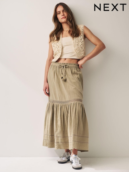 Khaki Green Crochet Insert Tiered Maxi Skirt (N60402) | €10