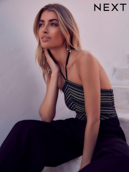 أسود/أزرق/أصفر - Halterneck Shirred Jumpsuit (N60403) | ‏33 د.إ.‏