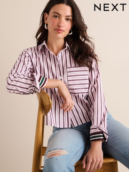 Burgunderrot/Rot gestreift - Long Sleeve Cotton Cropped Shirt (N60406) | 10 €
